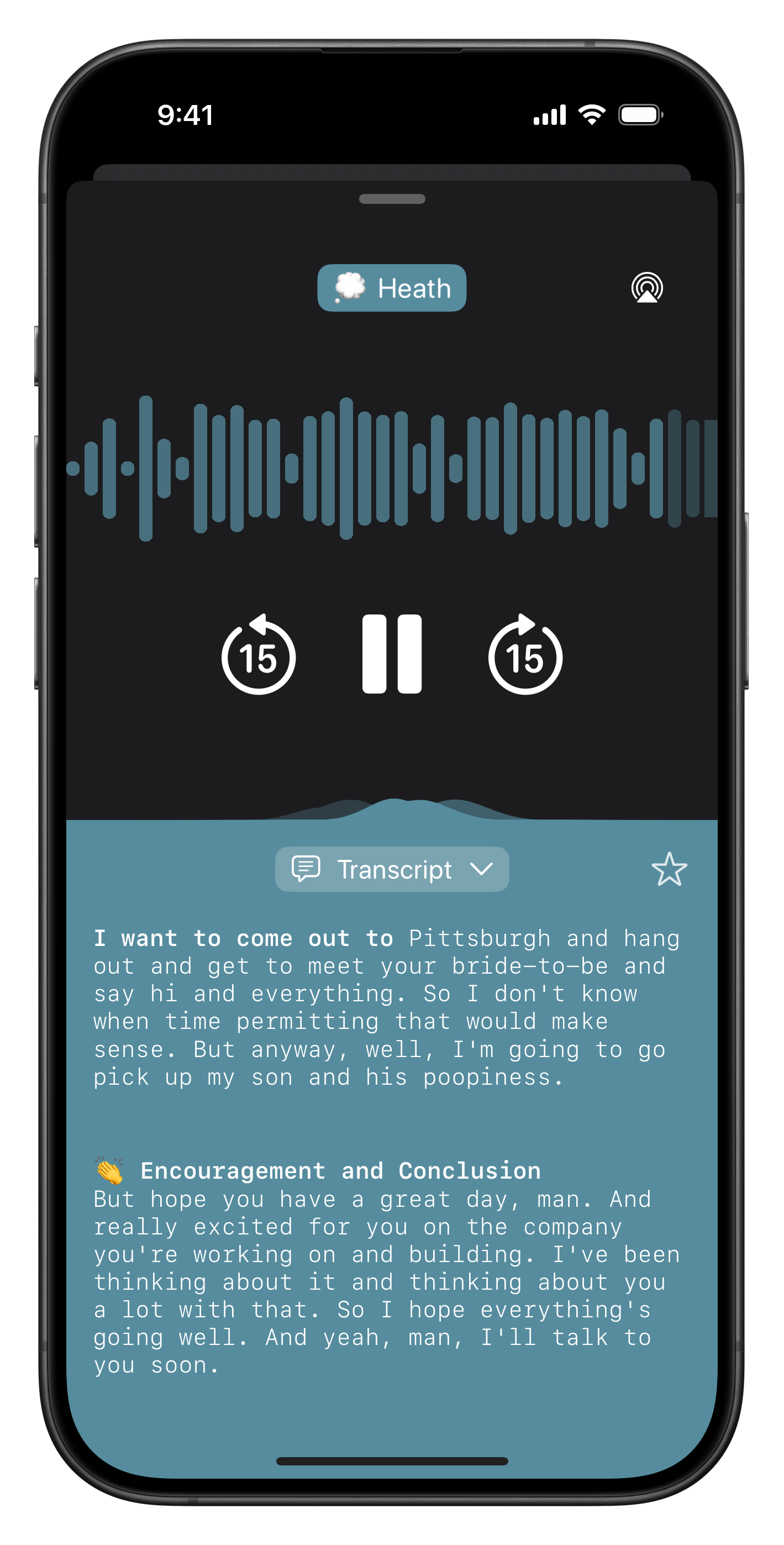 iPhone showing an audio message and transcript from Heath